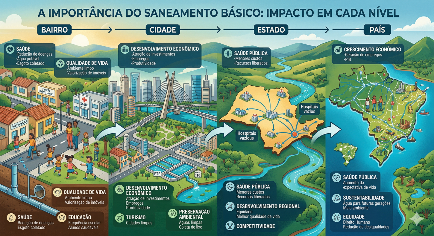 A importância do saneamento básico para o bairro, para a cidade, para o estado e para o país